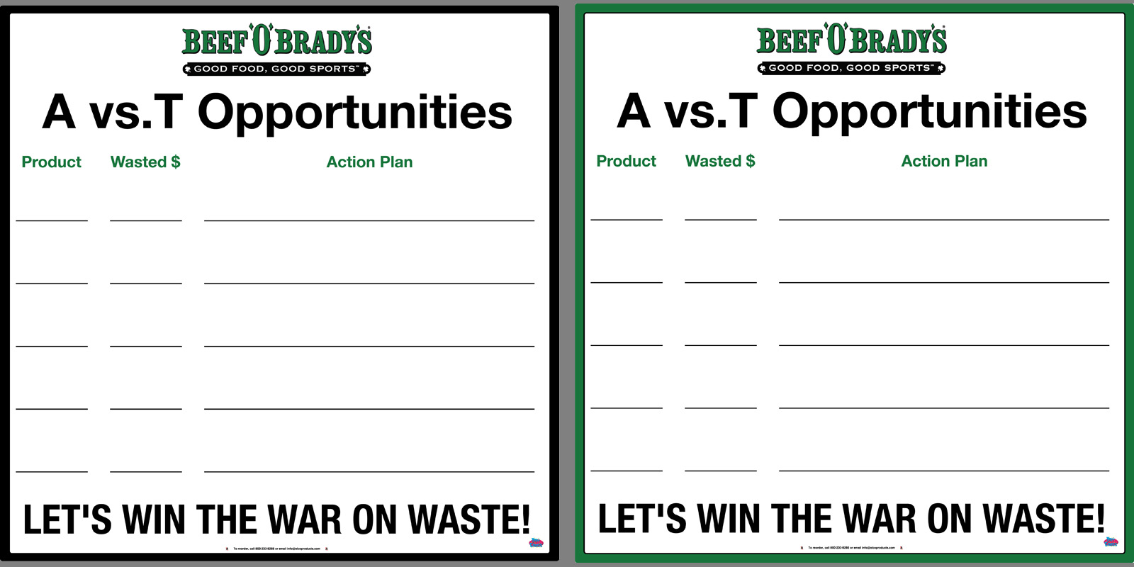 Beef O' Brady's A vs. T Opportunities Dry Erase Board