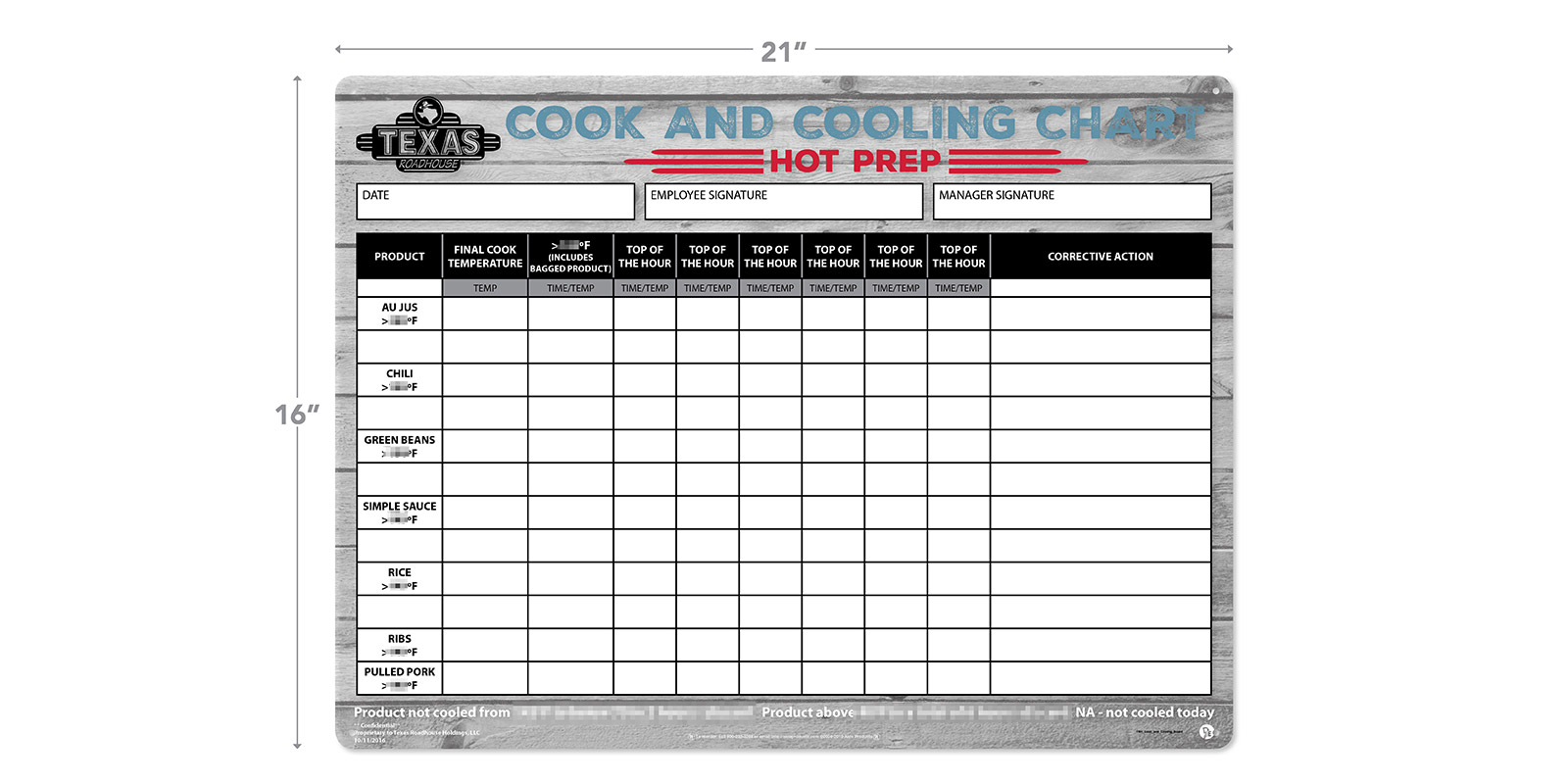 Texas Roadhouse Cook and Cooling Chart Board