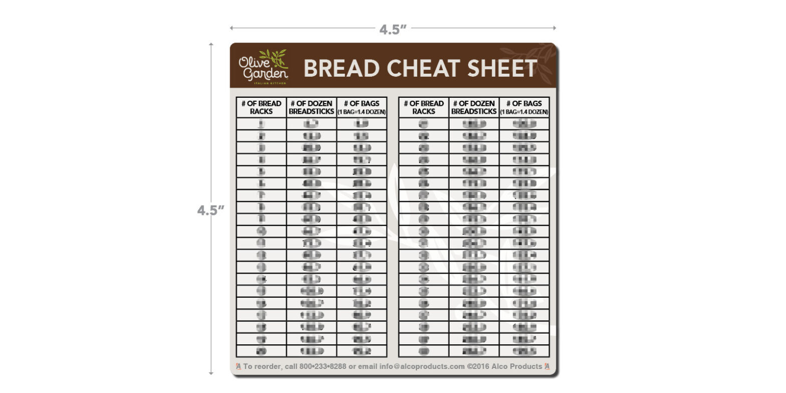 OLIVE GARDEN Bread Cheat Sheet Decal - Alco Products