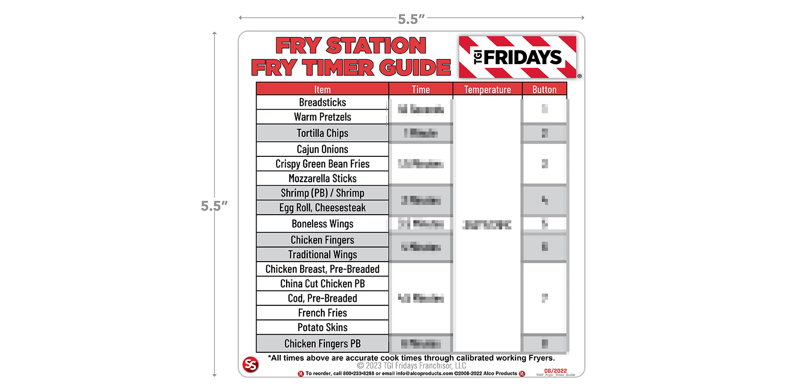TGI Fridays Fryer Timer Guide